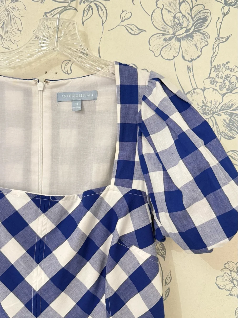 ANTONIO MELANI Blue and White Gingham Puff-Sleeve Midi Dress - Picture 4 of 6
